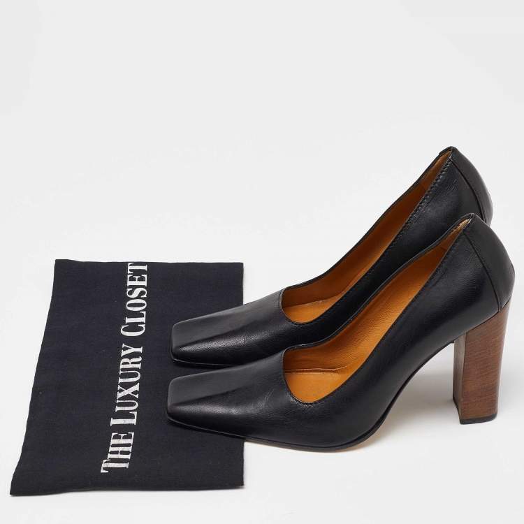 Pre Owned Gucci Black Leather Sqaure Toe Block Heel Pumps Size 38