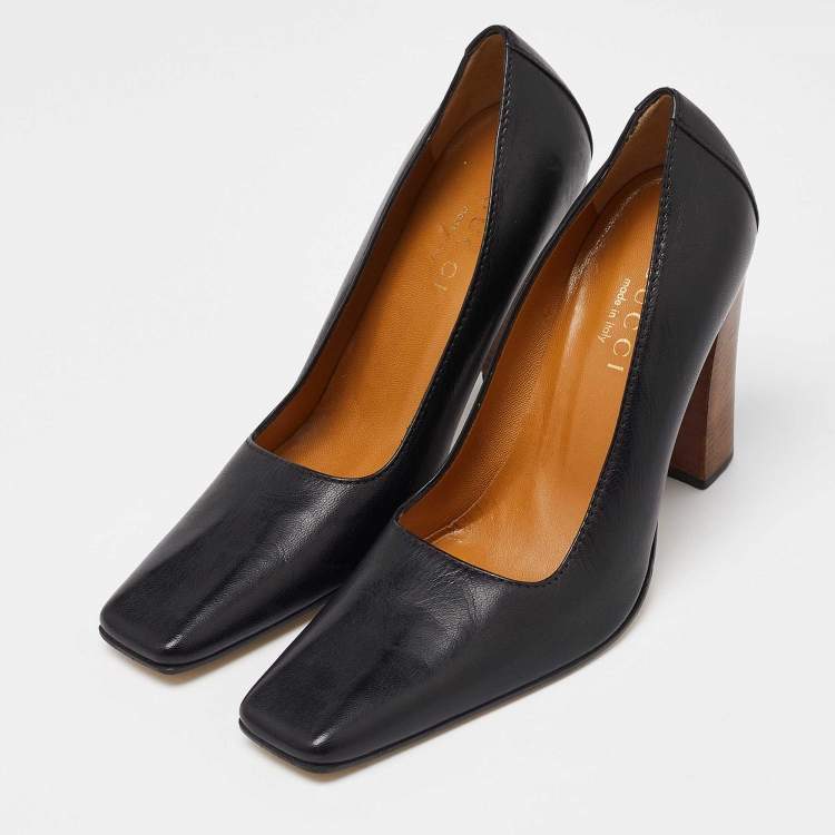 Pre Owned Gucci Black Leather Sqaure Toe Block Heel Pumps Size 38