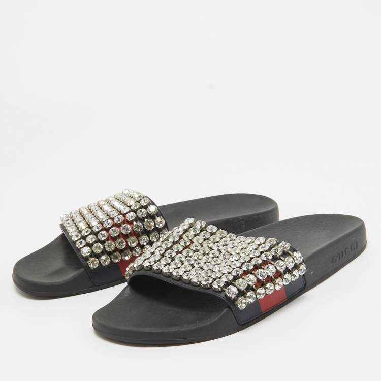 Pre Owned Gucci Multicolor Leather Sylvie Web Accent Flat Slides Size 39