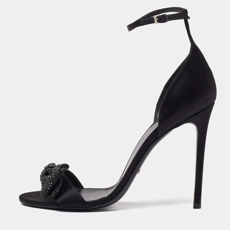 Pre Owned Gucci Black Satin Crystal Embellished Bow Open Toe Ankle Strap Sandals Size 41