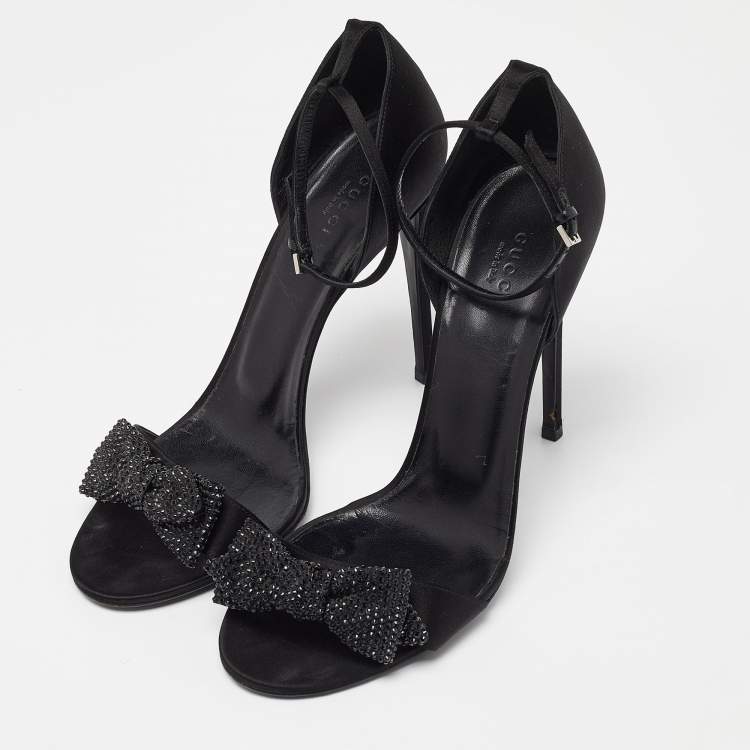 Gucci Black Satin Crystal Embellished Bow Open Toe Ankle