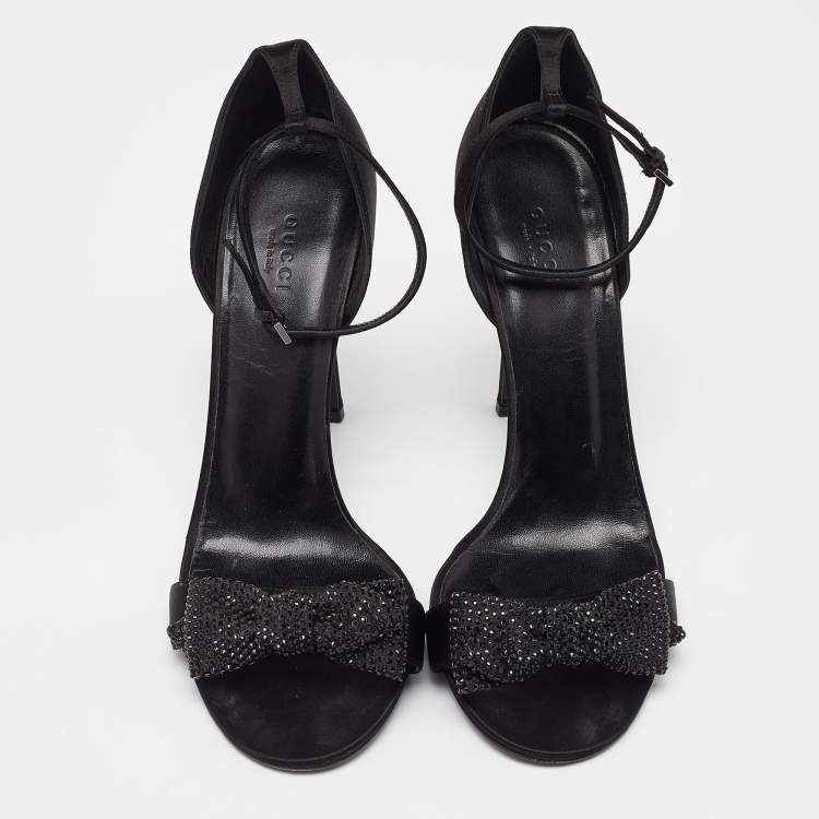 Pre Owned Gucci Black Satin Crystal Embellished Bow Open Toe Ankle Strap Sandals Size 41