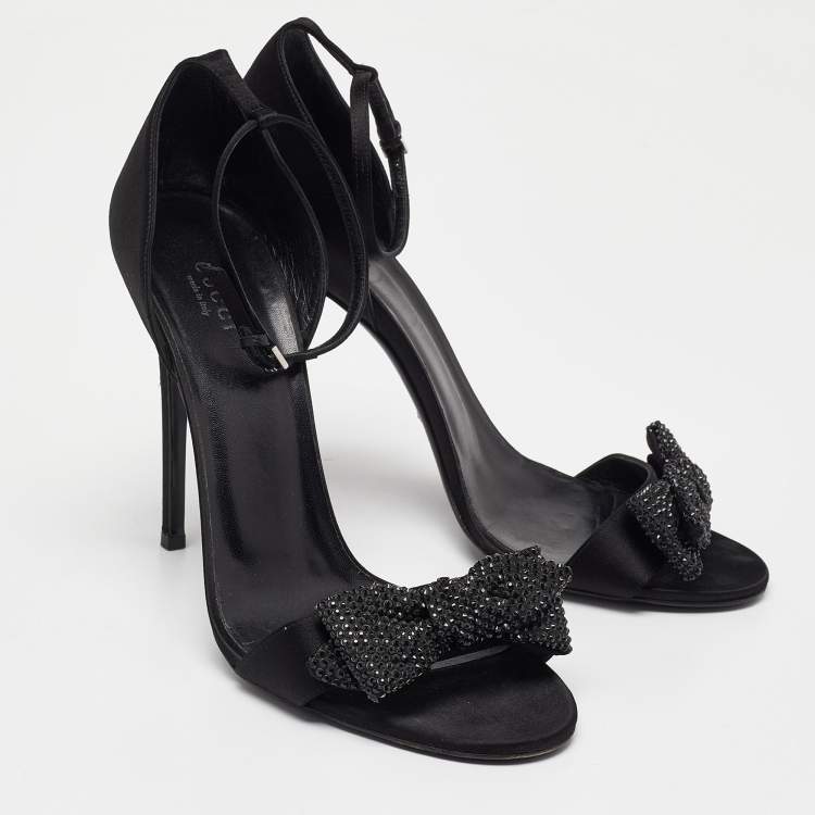 Pre Owned Gucci Black Satin Crystal Embellished Bow Open Toe Ankle Strap Sandals Size 41