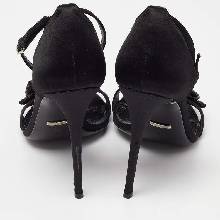Pre Owned Gucci Black Satin Crystal Embellished Bow Open Toe Ankle Strap Sandals Size 41