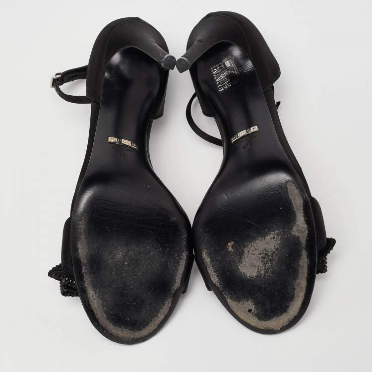 Pre Owned Gucci Black Satin Crystal Embellished Bow Open Toe Ankle Strap Sandals Size 41