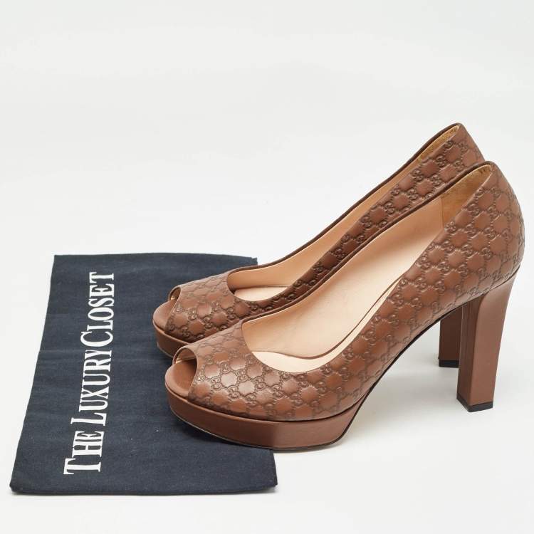 Pre Owned Gucci Brown Microguccissima Leather Peep Toe Platform Pumps Size 37.5