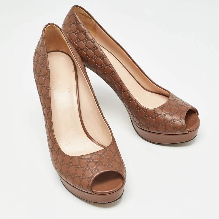 Pre Owned Gucci Brown Microguccissima Leather Peep Toe Platform Pumps Size 37.5