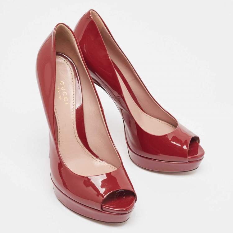 Pre Owned Gucci Red Patent Leather Peep Toe Pumps Size 37