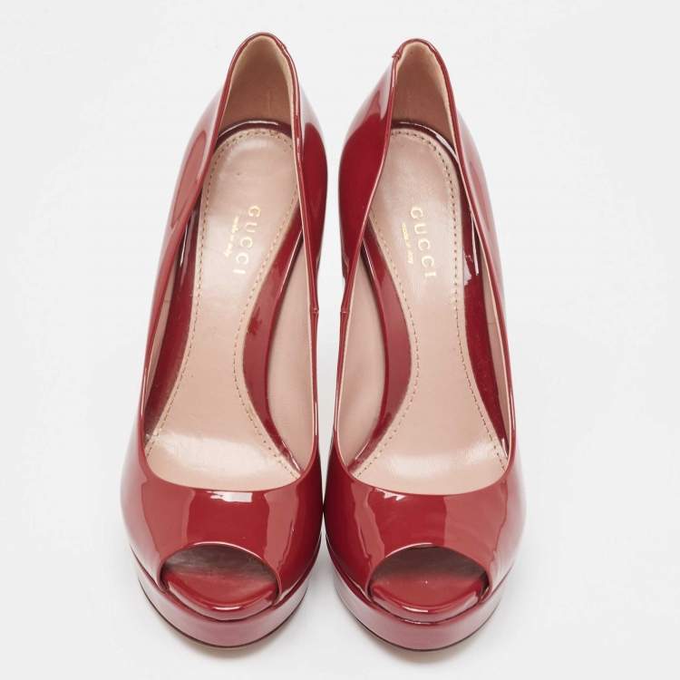 Pre Owned Gucci Red Patent Leather Peep Toe Pumps Size 37