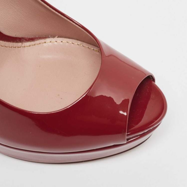 Pre Owned Gucci Red Patent Leather Peep Toe Pumps Size 37