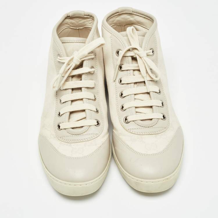 Pre Owned Gucci Two Tone GG Canvas and Leather High Top Sneakers Size 38