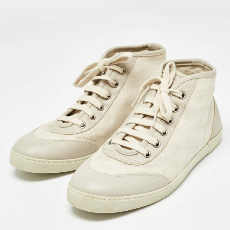 Pre Owned Gucci Two Tone GG Canvas and Leather High Top Sneakers Size 38