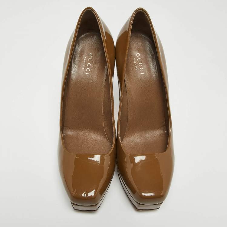 Pre Owned Gucci Olive Green Patent Leather Platform Pumps Size 37.5