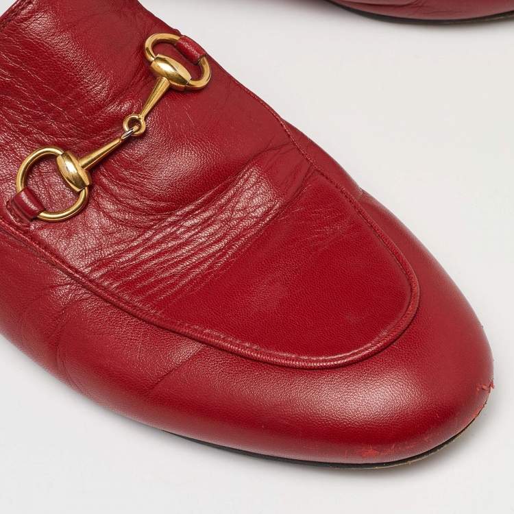 Pre Owned Gucci Red Leather Princetown Horsebit Flat Mules Size 39