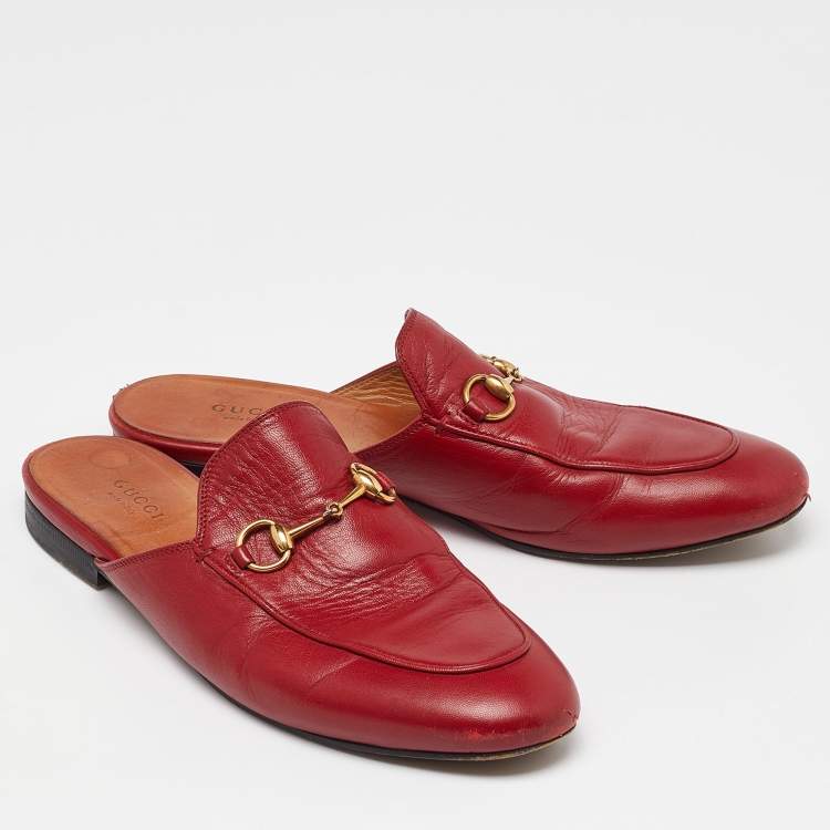 Pre Owned Gucci Red Leather Princetown Horsebit Flat Mules Size 39