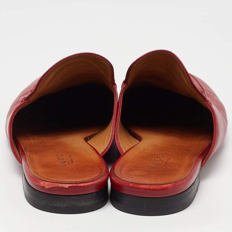 Pre Owned Gucci Red Leather Princetown Horsebit Flat Mules Size 39