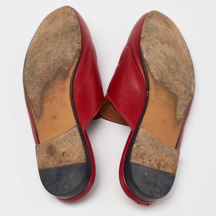 Pre Owned Gucci Red Leather Princetown Horsebit Flat Mules Size 39