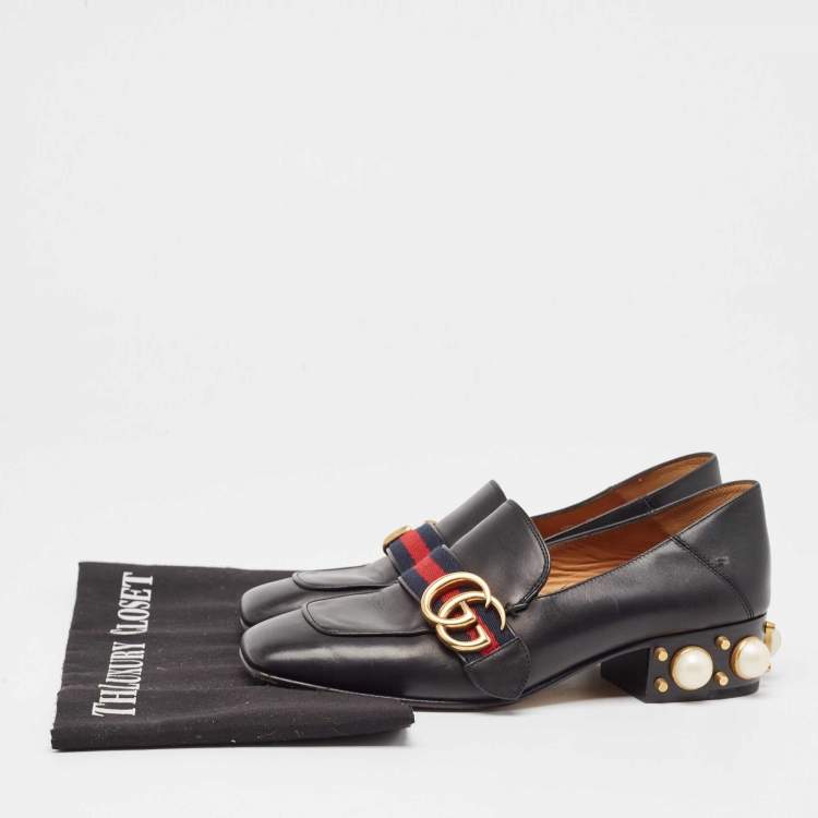 Pre Owned Gucci  Black Leather Double GG Slip On Loafers Size 36    