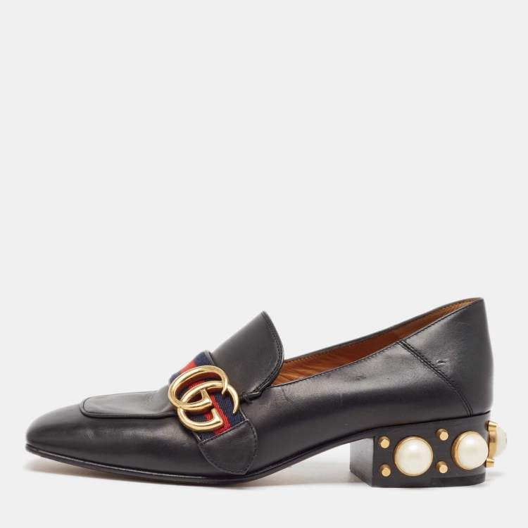 Pre Owned Gucci  Black Leather Double GG Slip On Loafers Size 36    