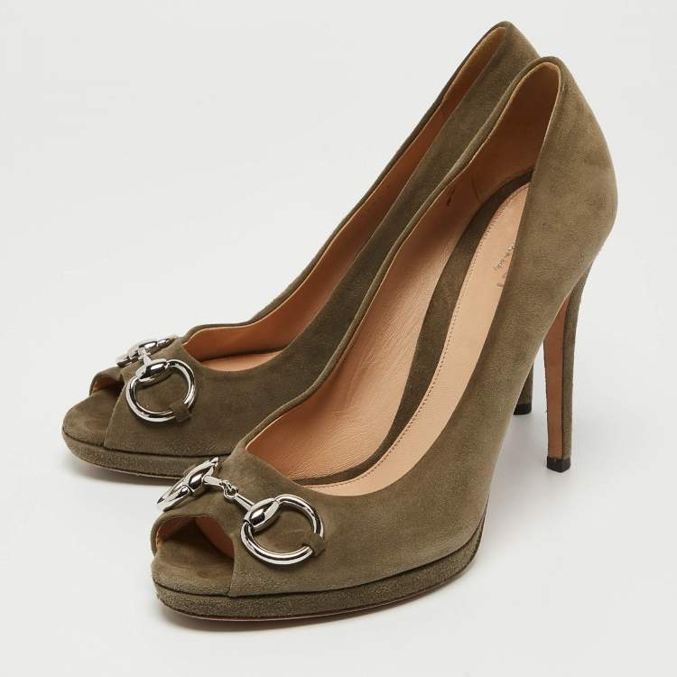 Pre Owned Gucci Olive Green Suede New Hollywood Pumps Size 37.5