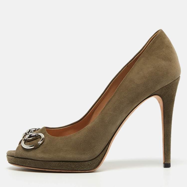 Pre Owned Gucci Olive Green Suede New Hollywood Pumps Size 37.5