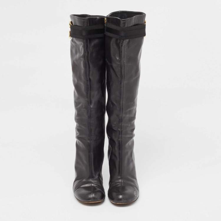Pre Owned Gucci Black Leather Sukey Knee Length Boots Size 38