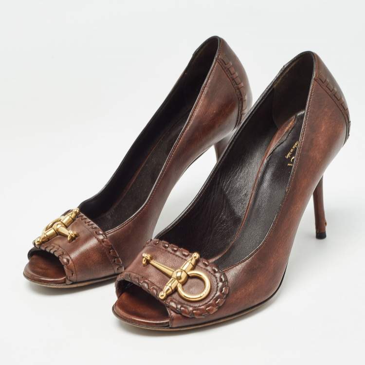 Pre Owned Gucci Brown Leather Horsebit Open Toe Pumps Size 37.5