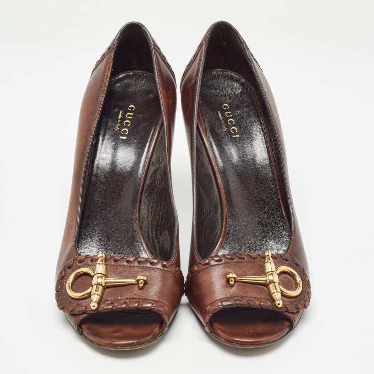 Pre Owned Gucci Brown Leather Horsebit Open Toe Pumps Size 37.5
