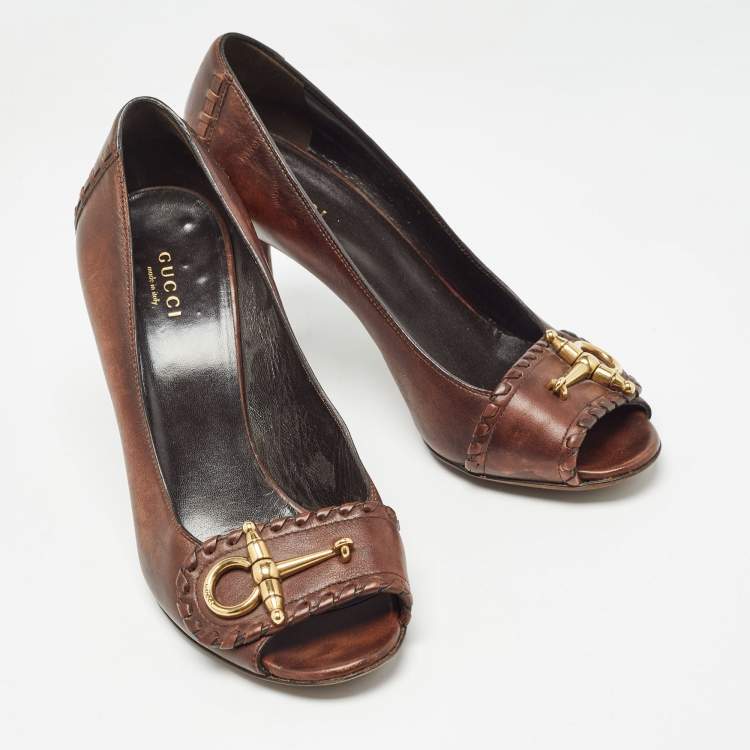 Pre Owned Gucci Brown Leather Horsebit Open Toe Pumps Size 37.5