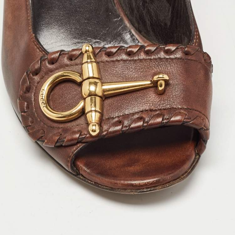Pre Owned Gucci Brown Leather Horsebit Open Toe Pumps Size 37.5