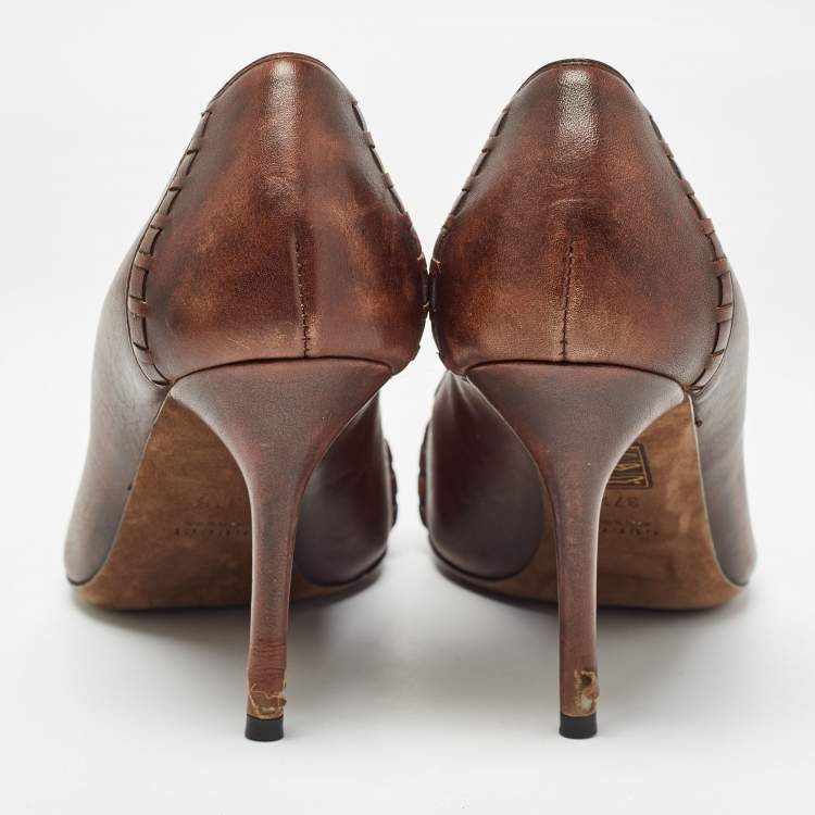 Pre Owned Gucci Brown Leather Horsebit Open Toe Pumps Size 37.5