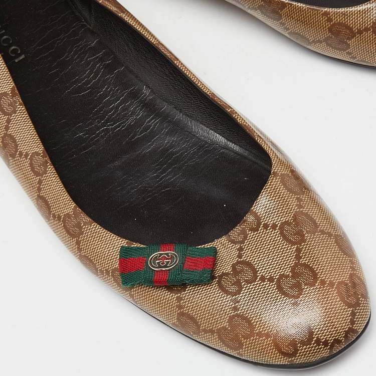 Pre Owned Gucci Brown/Beige GG Crystal Canvas Web Bow Ballet Flats Size 40.5