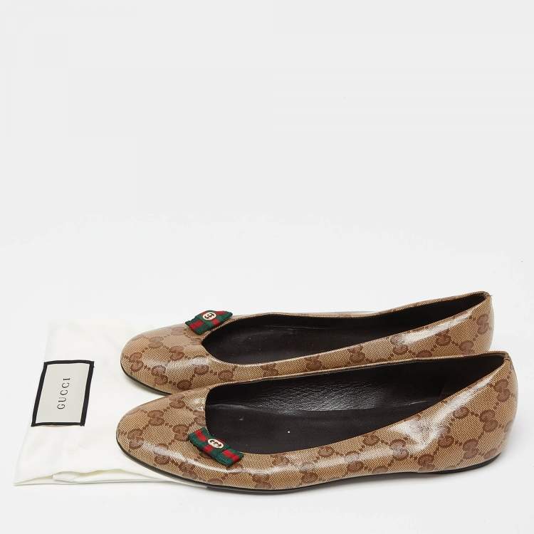 Pre Owned Gucci Brown/Beige GG Crystal Canvas Web Bow Ballet Flats Size 40.5