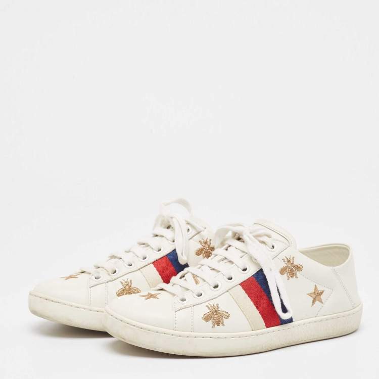 Pre Owned Gucci White Leather Star Ace Low Top Sneakers Size 34.5