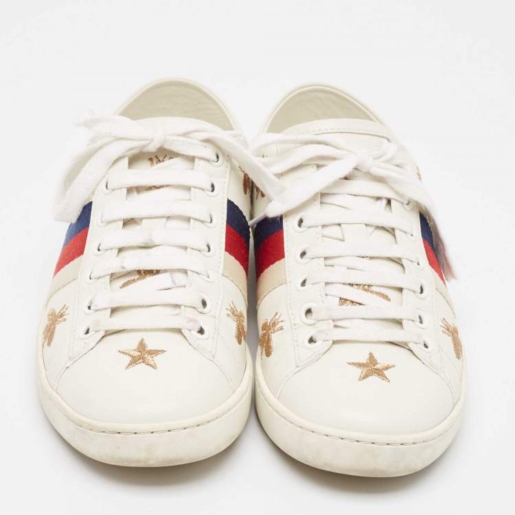 Pre Owned Gucci White Leather Star Ace Low Top Sneakers Size 34.5
