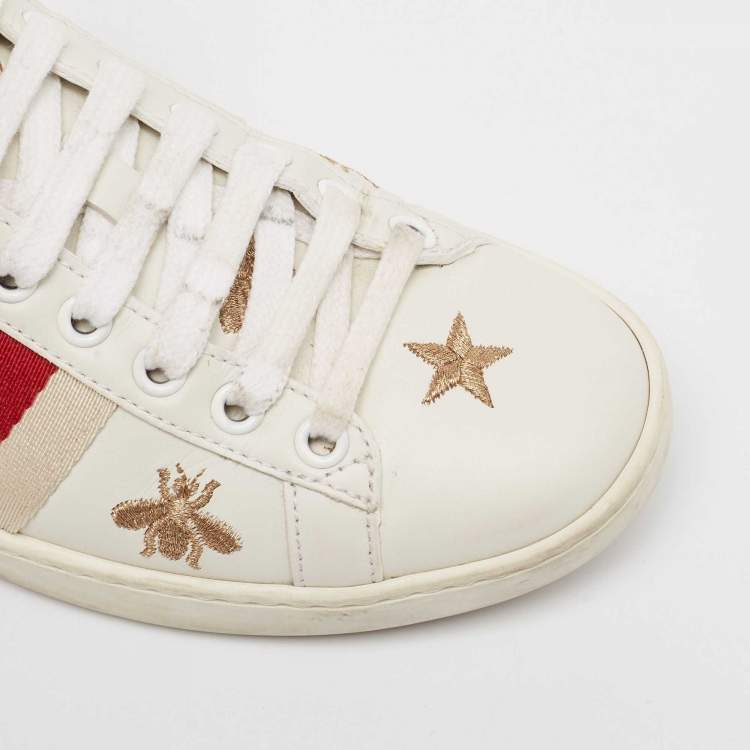 Pre Owned Gucci White Leather Star Ace Low Top Sneakers Size 34.5