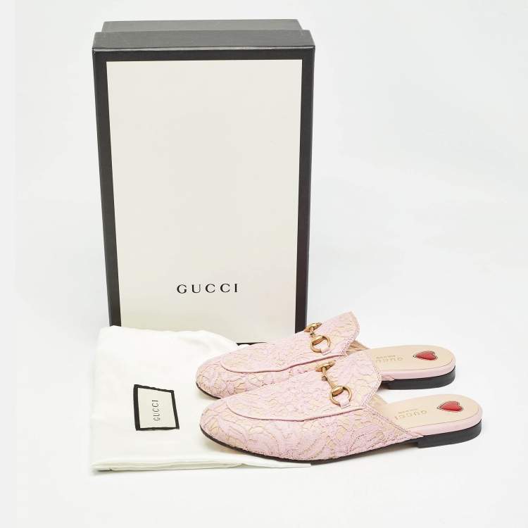 Pre Owned Gucci Pink/Beige Lace and Leather Princetown Flat Mules Size 38