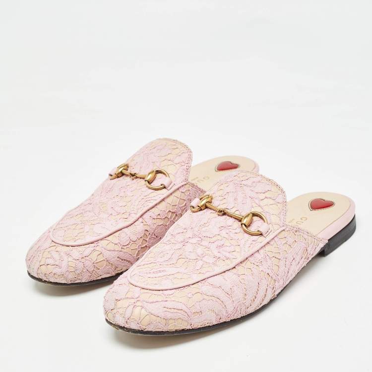 Pre Owned Gucci Pink/Beige Lace and Leather Princetown Flat Mules Size 38