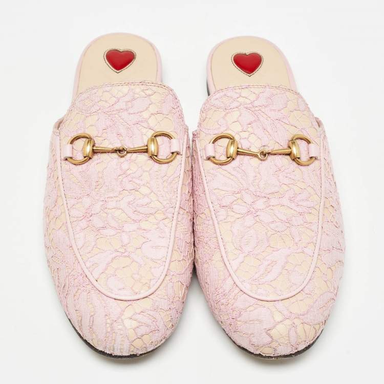 Pre Owned Gucci Pink/Beige Lace and Leather Princetown Flat Mules Size 38