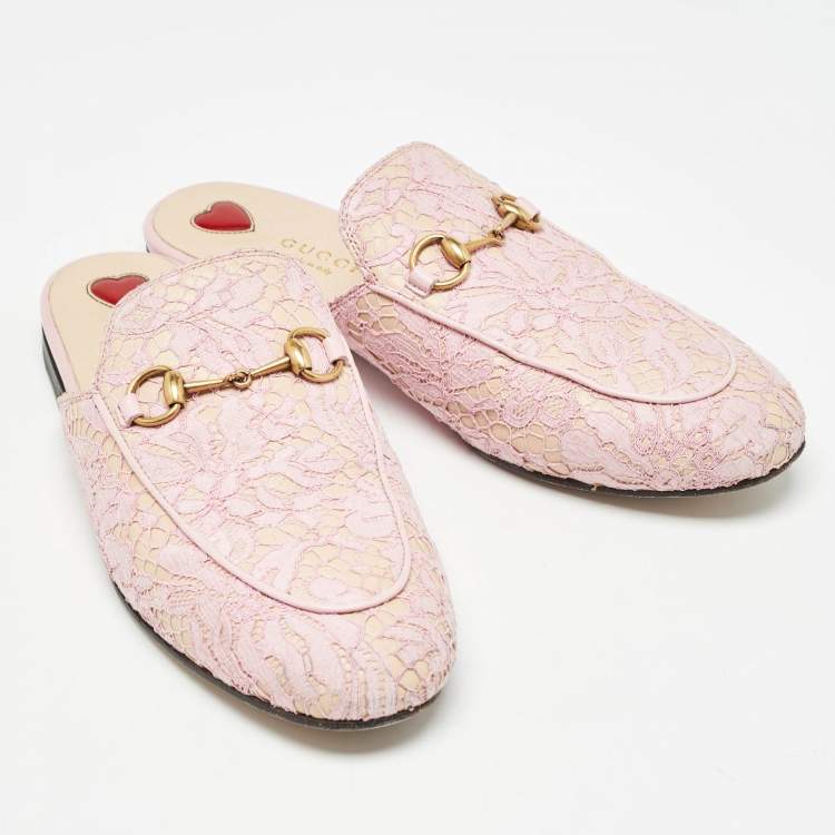Pre Owned Gucci Pink/Beige Lace and Leather Princetown Flat Mules Size 38