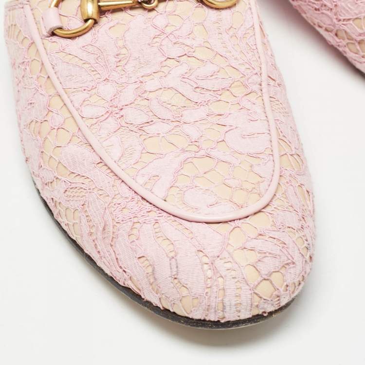 Pre Owned Gucci Pink/Beige Lace and Leather Princetown Flat Mules Size 38