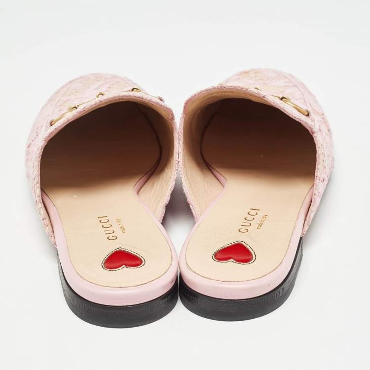 Pre Owned Gucci Pink/Beige Lace and Leather Princetown Flat Mules Size 38