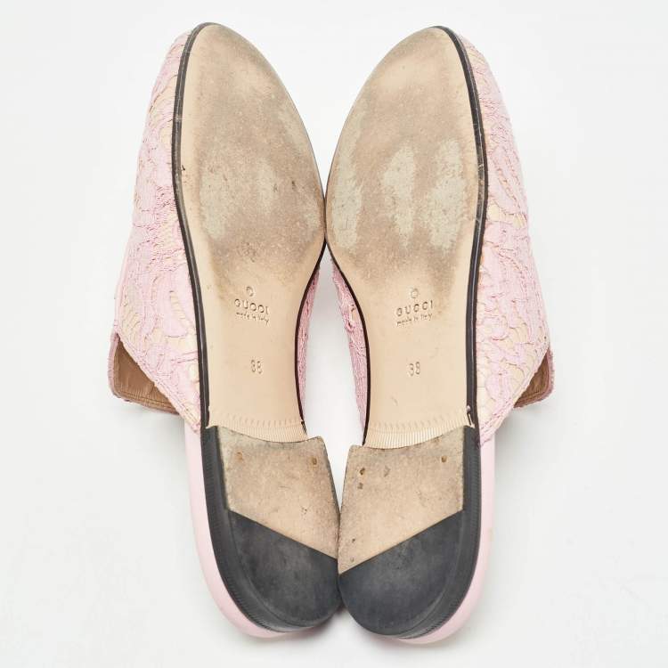 Pre Owned Gucci Pink/Beige Lace and Leather Princetown Flat Mules Size 38