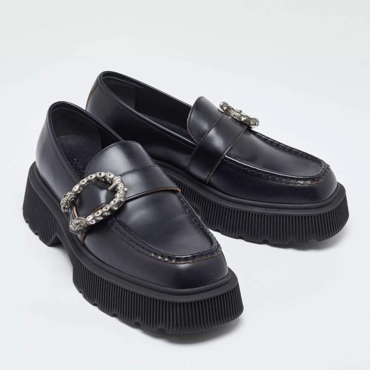 Pre Owned Gucci Black Leather Dionysus Accent Platform Loafers Size 40