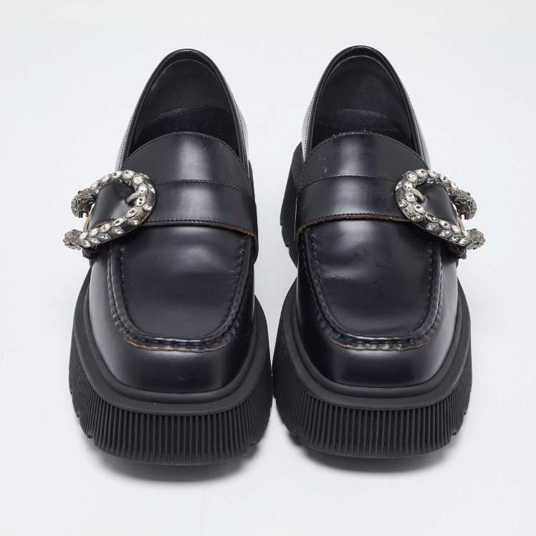 Pre Owned Gucci Black Leather Dionysus Accent Platform Loafers Size 40
