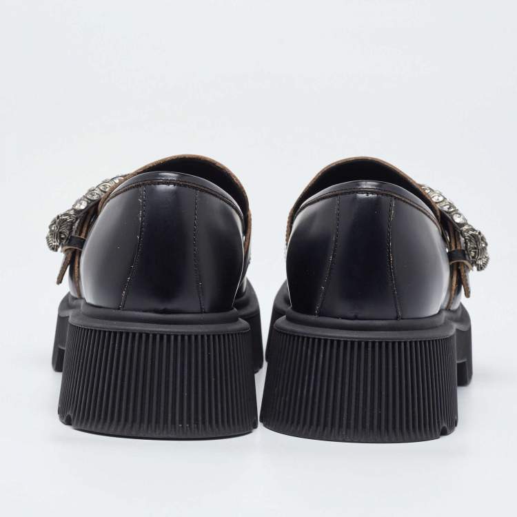 Pre Owned Gucci Black Leather Dionysus Accent Platform Loafers Size 40