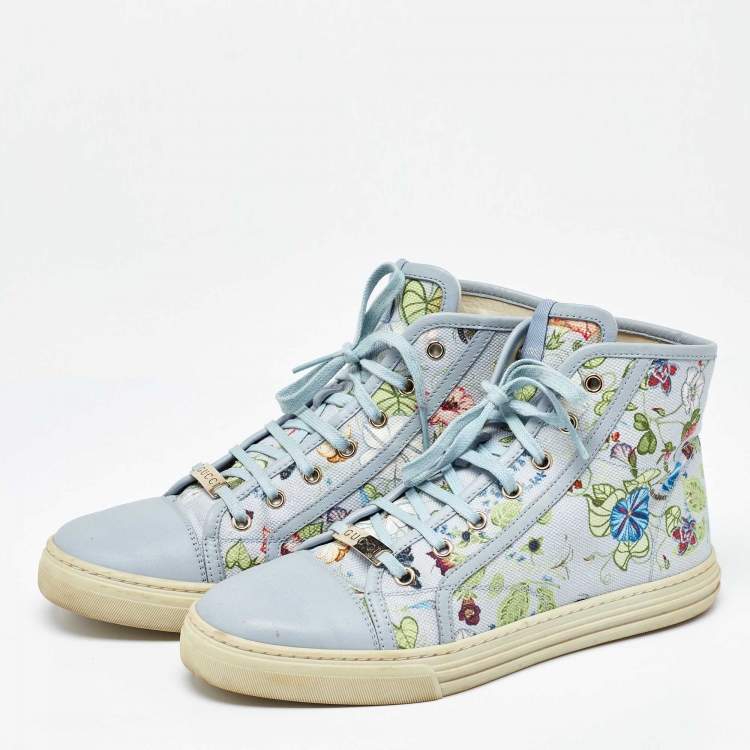 Pre Owned Gucci Grey Leather and Floral Print Canvas High Top Sneakers Size 39