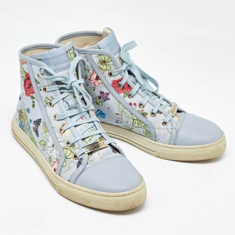 Pre Owned Gucci Grey Leather and Floral Print Canvas High Top Sneakers Size 39