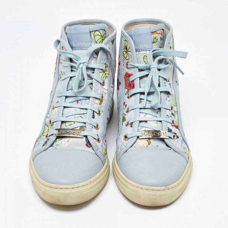 Pre Owned Gucci Grey Leather and Floral Print Canvas High Top Sneakers Size 39