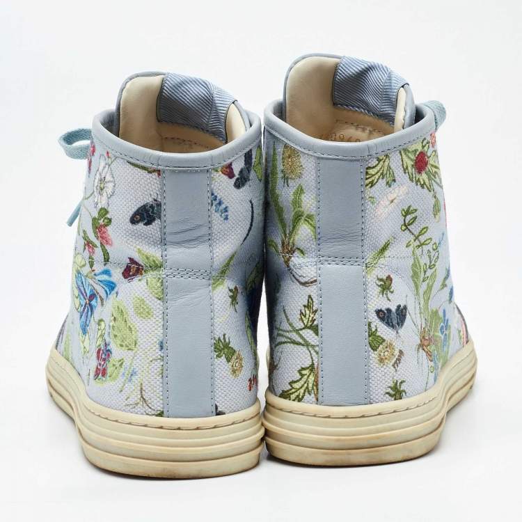 Pre Owned Gucci Grey Leather and Floral Print Canvas High Top Sneakers Size 39